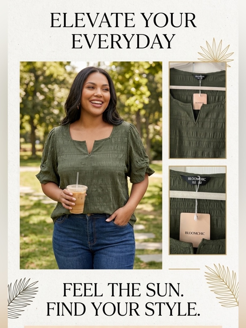 BloomChic Olive Green Textured Split-V Blouse